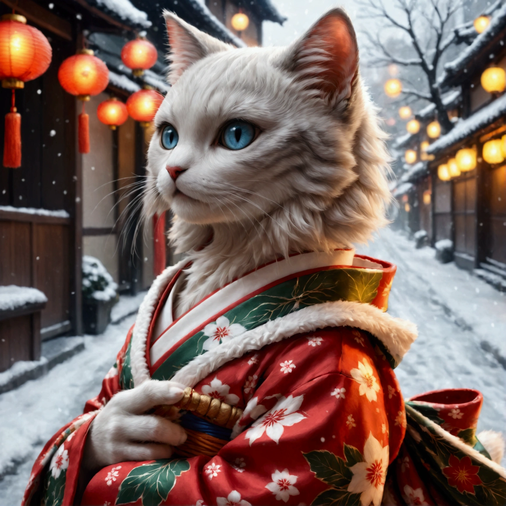  high definition , masterpiece, accurate,  top quality, correct fingers, correct anatomy, 1cat, silver cat, preparing for New Year, wearing japanese kimono costume, ready for New Year, getting rid of X’mas tree, snowing town, 