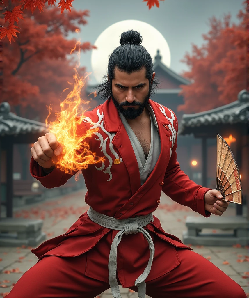  A hyperrealistic image of a man inspired by Mai Shiranui from The King of Fighters,  captured on a medium plane that highlights his agility ,  elegance and strength as a master of the Shiranui style .  His face is attractive and defined ,  with marked cheekbones ,  a strong jaw and an intense look that combines confidence and cunning .  His dark hair is tied in a high tail ,  with loose locks that fall around her face ,  adding dynamism and a traditional touch .

 He wears an outfit inspired by that of Mai ,  modernized to highlight his athletic and manly physique .  He wears a suit fitted red with white details that evoke flames stylized ,  designed for mobility and speed ,  accompanied by a precisely tied white obi that moves with the wind .  In one of his hands he holds a war fan ,  surrounded by small dancing flames that seem to vibrate with his energy .

 The background is a traditional Japanese outdoor ,  surrounded by maple trees whose leaves fall slowly .  a full moon illuminates the scene ,  while the torches cast warm and dynamic shadows . His pose is agile and offensive ,  as if he were about to launch a devastating attack ,  combining the grace of a dancer with the deadly precision of a master in combat .  The lighting enhances the contours of his muscles and his outfit ,  capturing the essence of an elegant and fierce warrior .