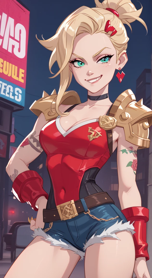 young girl, longue blonde hair, Hairpin with a bundle, turquoise eyes, Yakuza tattoos, red tight uniform, Sleeveless, Wide neckline on the chest to the abdomen, Gold Elements, Red gold armor, Shorts, claws, smirk, Masterpiece, hiquality, 4k, HD, Good detail