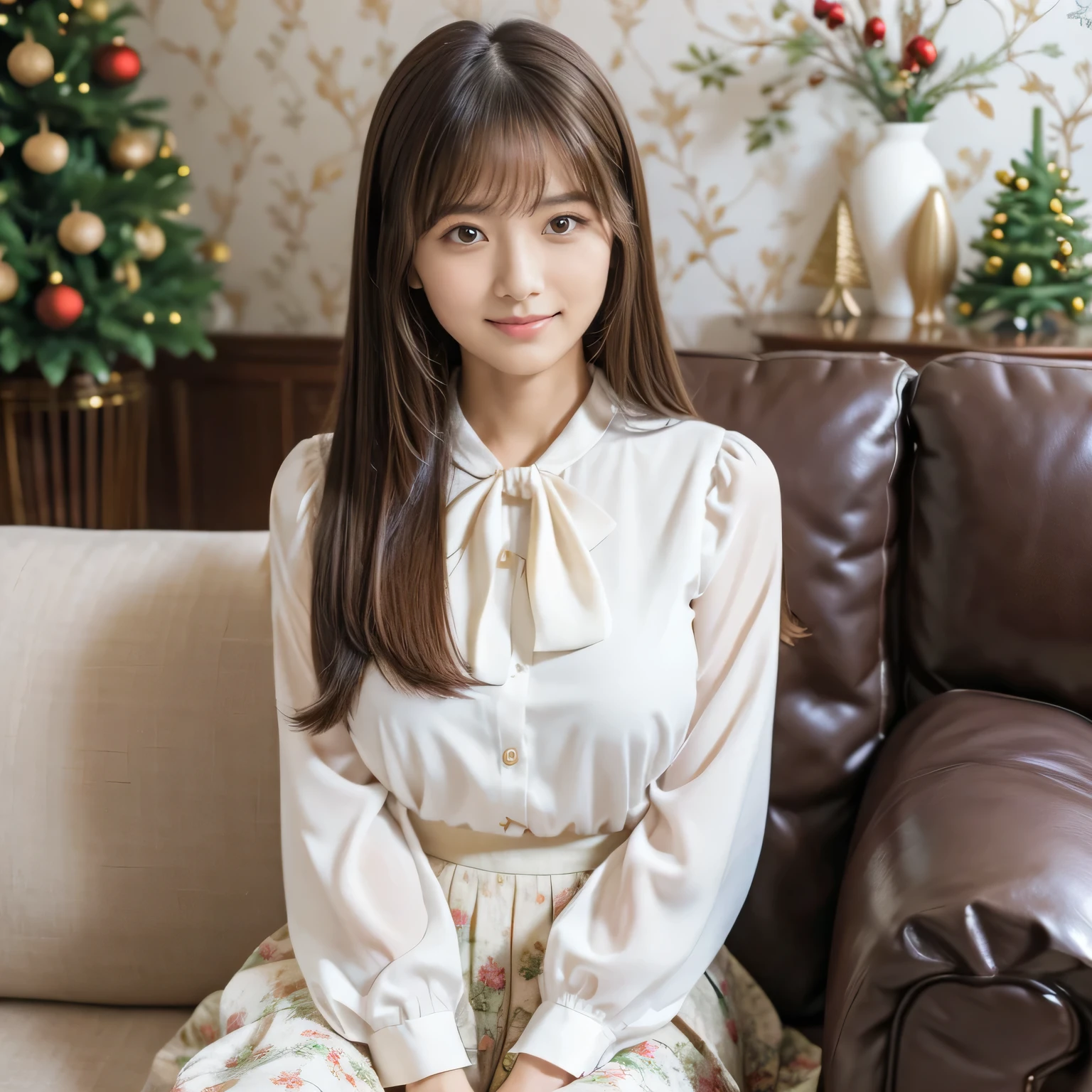 (Calm and gentle expression:1.0), ( full body shot:1.3), ( Panorama :1.0), movie lighting, (( top quality)), ( RAW photos , top quality), ( realistic :1.4), realism, masterpiece, Very Delicate and Beautiful , very detailed , 4k wallpaper, amazing, finely, very detailed CG unity 8k wallpaper, very detailed , high definition , soft light during the cruise,
Japanese, (one shot:1.9),
(22 years old:1.6), (Round face:1.2), (Fat:0.8), (A very neat woman, A very pure woman:1.5),
Beautifully Detailed Woman , with famous Japanese actresses , detailed face , finelyて美しい目, very detailed な目と顔, Beautiful Eyes and Beautifully Detailed Nose, lots of cute frills ,
( straight hair:1.4), shiny hair, Shiny Hair, Brown Hair, (bangs:1.4),
tight body,
( is smiling:1.4), Glossy and moisturized lips, natural makeup,
(LET IT GO, white, elegant long sleeve bow blouse:1.3), (LET IT GO, Small floral pattern, Kinari, flare skirt:1.3), ( Long Skirt:1.7), body line , ( Christmas tree, large luxury living room background with antique furniture, Sitting on the couch facing the front, looking at camera:1.7),
