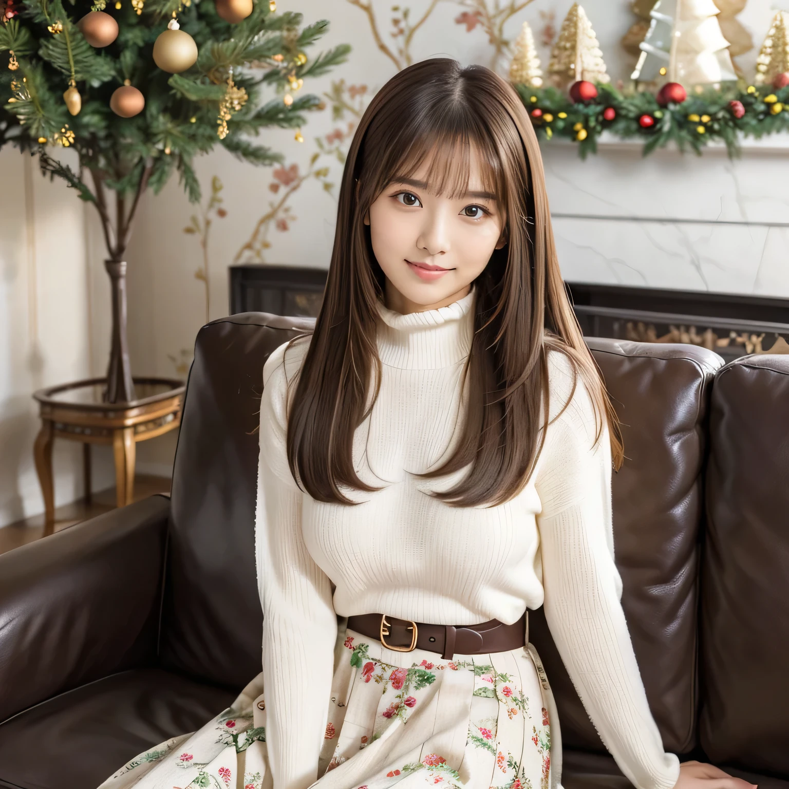 (Calm and gentle expression:1.0), ( full body shot:1.3), ( Panorama :1.0),  movie lighting, (( top quality)), ( RAW photos ,  top quality), (  realistic :1.4),  realism, masterpiece,  Very Delicate and Beautiful ,  very detailed , 4k wallpaper,  amazing, finely,  very detailed  CG unity 8k wallpaper,  very detailed ,  high definition ,  soft light during the cruise,  Japanese, (one shot:1.9), (22 years old:1.6), (Round face:1.2), (Fat:0.8), (A very neat woman, A very pure woman:1.5),  Beautifully Detailed Woman , with famous Japanese actresses ,  detailed face , finelyて美しい目,  very detailed な目と顔,  Beautiful Eyes and Beautifully Detailed Nose,  lots of cute frills , ( straight hair:1.4),  shiny hair, Shiny Hair, Brown Hair, (bangs:1.4),  tight body, ( is smiling:1.4), Glossy and moisturized lips,  natural makeup, (LET IT GO, white,  high neck sweater:1.3), (LET IT GO, Small floral pattern, Kinari,  flare skirt:1.3), ( Long Skirt:1.7),  body line , ( Christmas tree,  large luxury living room background with antique furniture, Sitting on the couch facing the front,  looking at camera:1.7), 