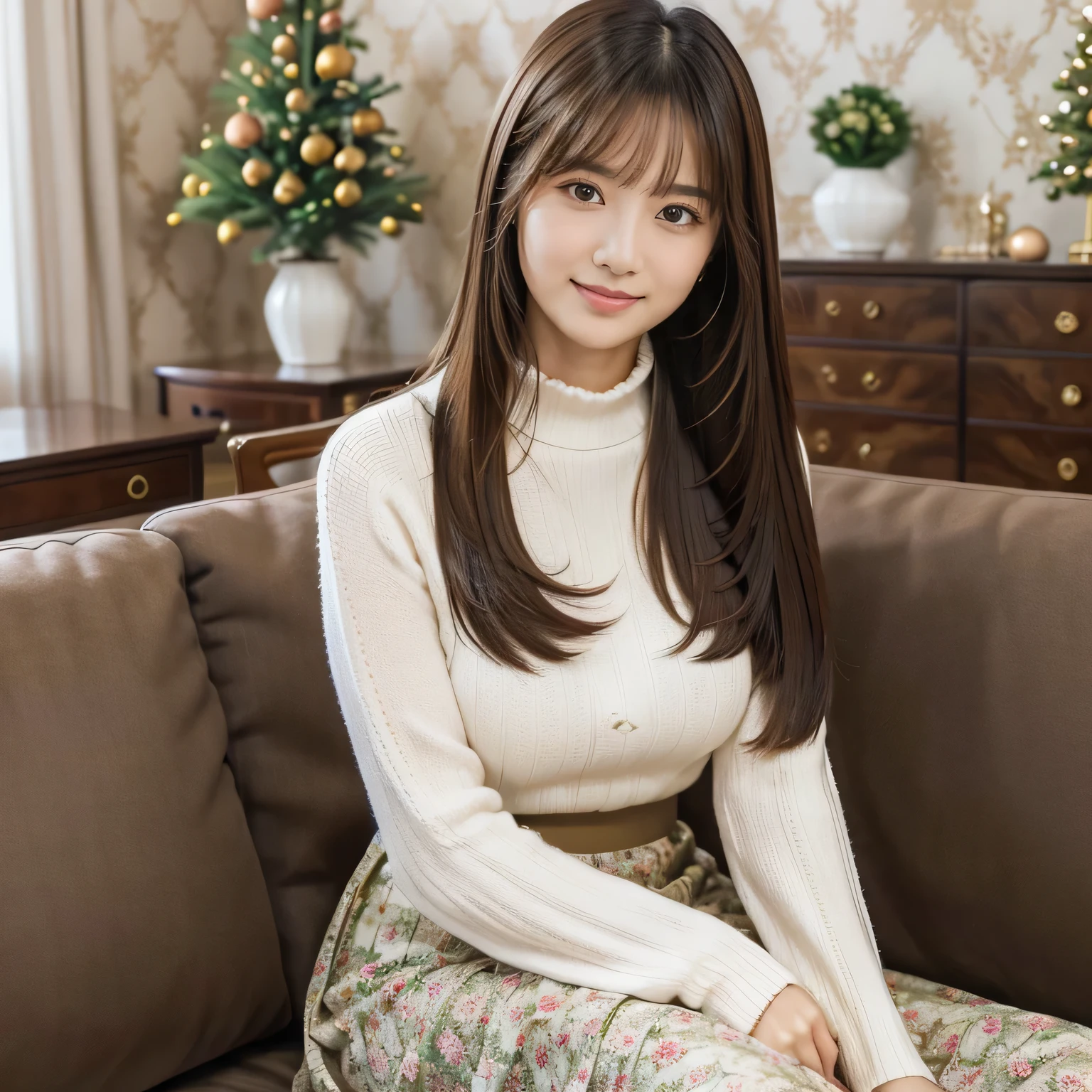 (Calm and gentle expression:1.0), ( full body shot:1.3), ( Panorama :1.0), movie lighting, (( top quality)), ( RAW photos , top quality), ( realistic :1.4), realism, masterpiece, Very Delicate and Beautiful , very detailed , 4k wallpaper, amazing, finely, very detailed CG unity 8k wallpaper, very detailed , high definition , soft light during the cruise, Japanese, (one shot:1.9), (22 years old:1.6), (Round face:1.2), (Fat:0.8), (A very neat woman, A very pure woman:1.5), Beautifully Detailed Woman , with famous Japanese actresses , detailed face , finelyて美しい目, very detailed な目と顔, Beautiful Eyes and Beautifully Detailed Nose, lots of cute frills , ( straight hair:1.4), shiny hair, Shiny Hair, Brown Hair, (bangs:1.4), tight body, ( is smiling:1.4), Glossy and moisturized lips, natural makeup, (LET IT GO, white, high neck sweater:1.3), (LET IT GO, Small floral pattern, Kinari, flare skirt:1.3), ( Long Skirt:1.7), body line , ( Christmas tree, large luxury living room background with antique furniture, Sitting on the couch facing the front, looking at camera:1.7),