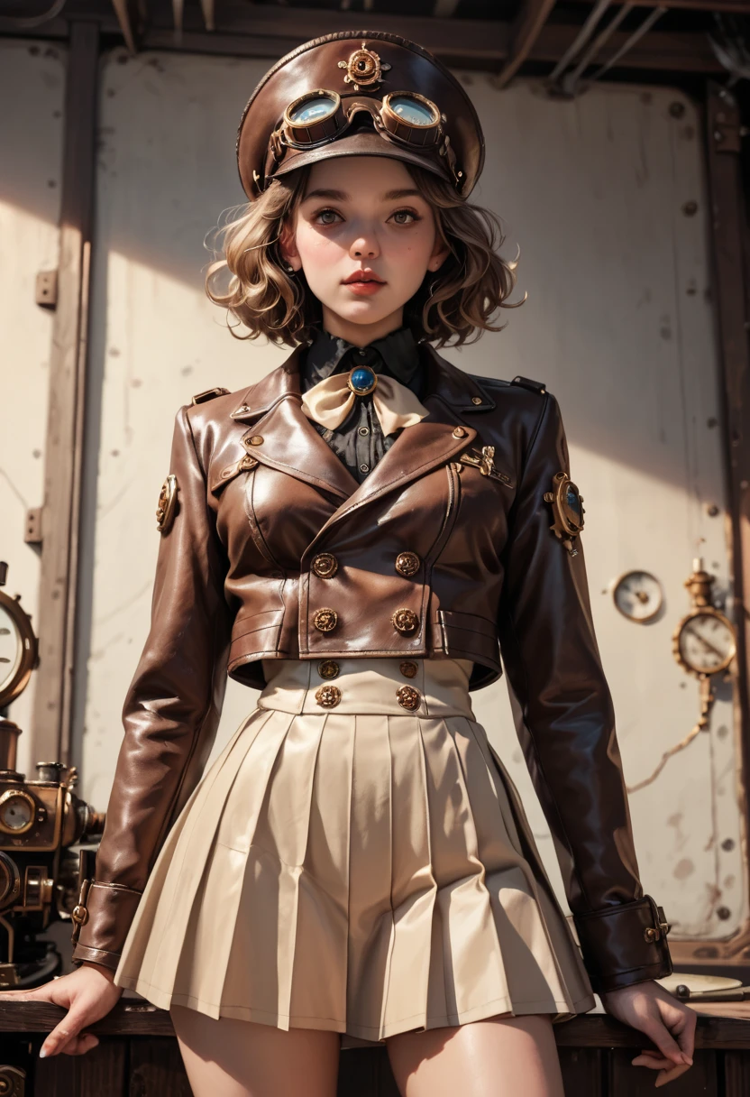 score_9, score_8_up, score_7_up, score_6_up, photo, realism, photorealistic, Industrial steampunk mechanic girl, perfectly detailed face, (hat:0.8), goggles, steampunk beige leather double breasted jacket, beige tweed fabric pleated skirt, (leather laced boots:0.8), intricately detailed brass accessories. Masterpiece, illustrated, highly detailed, industrial background, retro-futuristic,