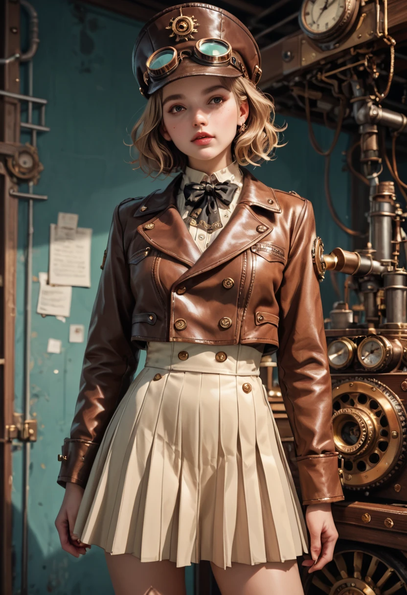 score_9, score_8_up, score_7_up, score_6_up, photo, realism, photorealistic, Industrial steampunk mechanic girl, perfectly detailed face, (hat:0.8), goggles, steampunk beige leather double breasted jacket, beige tweed fabric pleated skirt, (leather laced boots:0.8), intricately detailed brass accessories. Masterpiece, illustrated, highly detailed, industrial background, retro-futuristic,