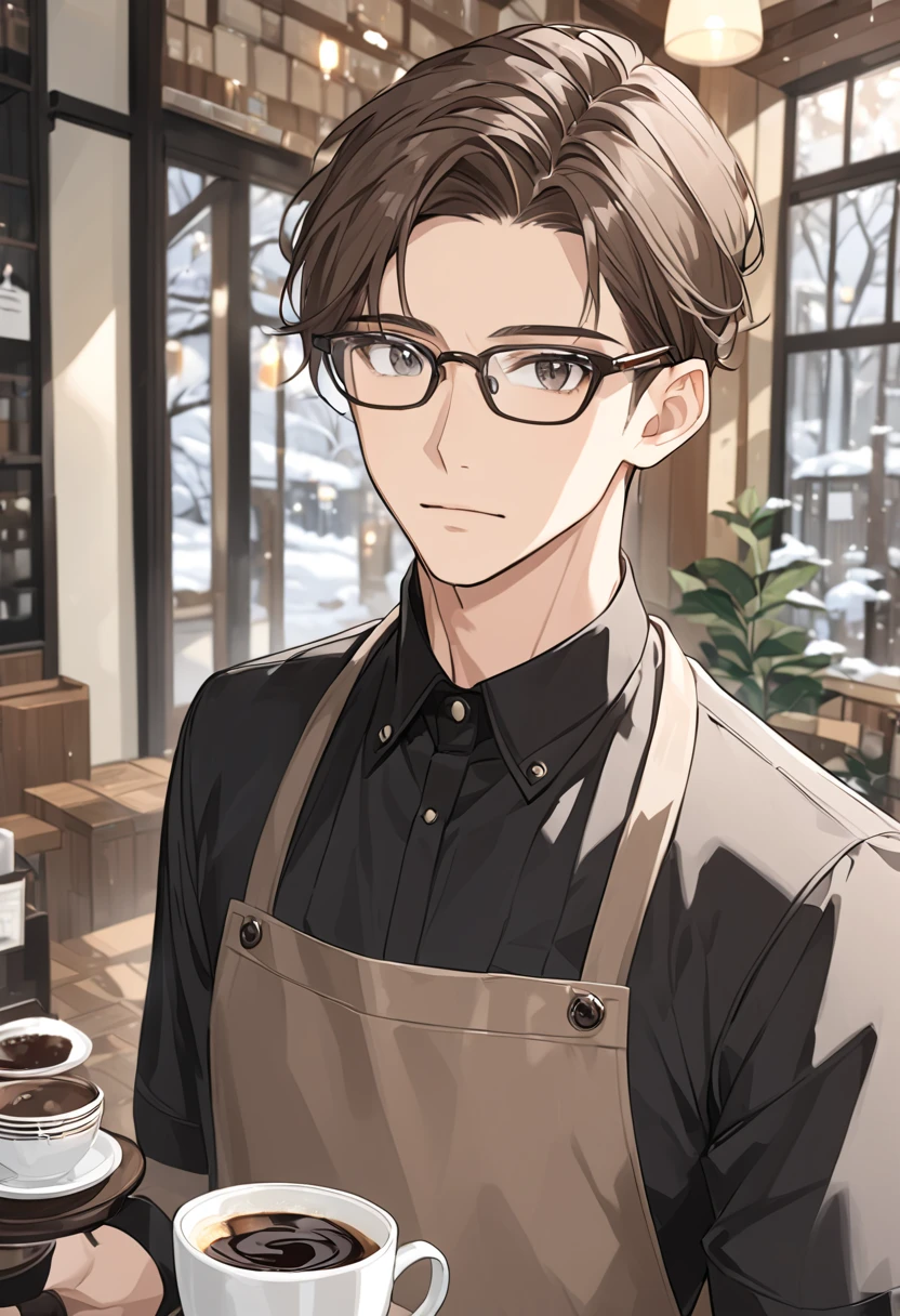 Age 23，male，      brown hair   ，      upper body，      focus on the face      ，winter，Glasses，   coffee shop  ，   waiter，Cafe Staff