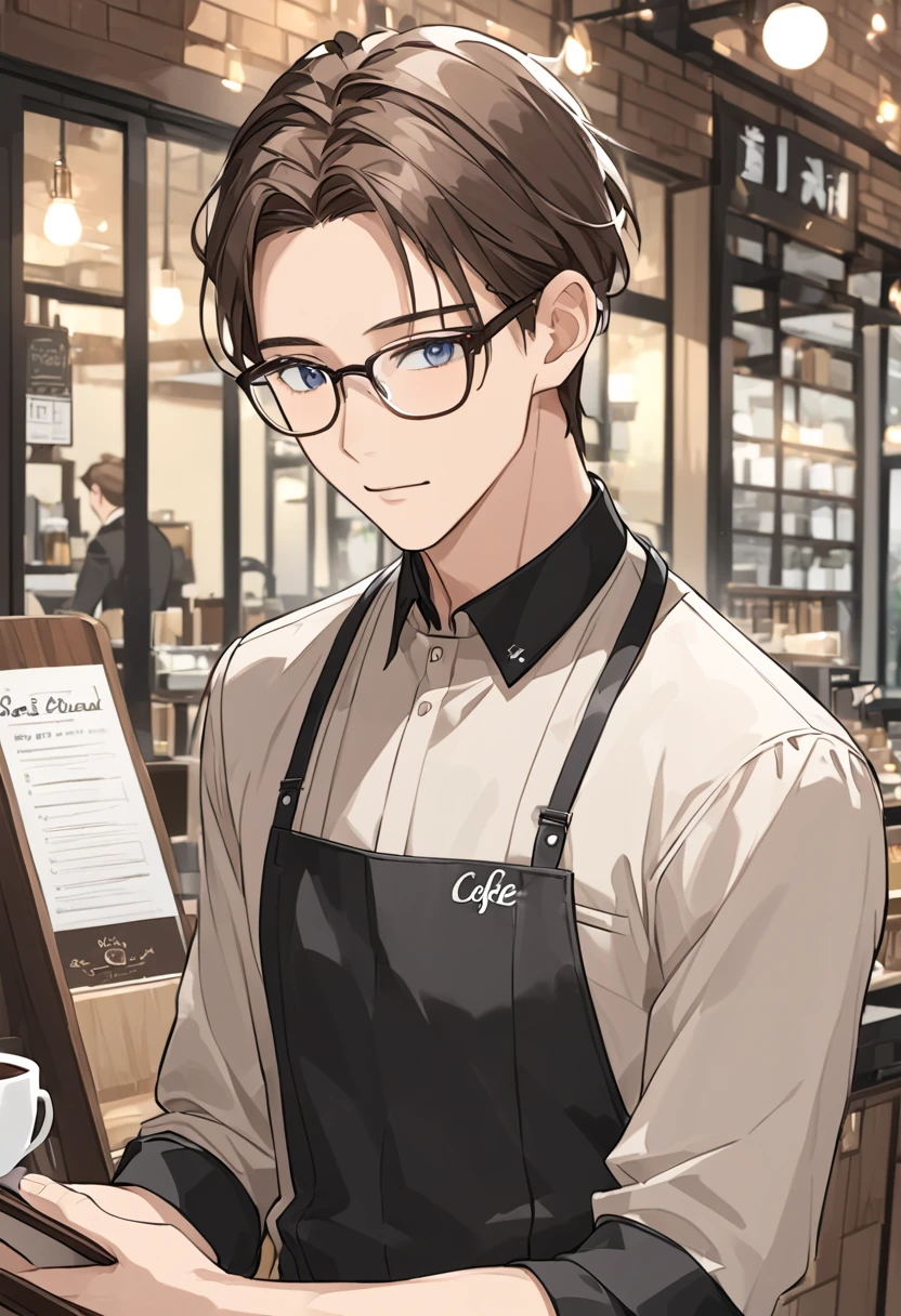 Age 23，male，      brown hair   ，      upper body，      focus on the face      ，winter，Glasses，   coffee shop  ，   waiter，Cafe Staff