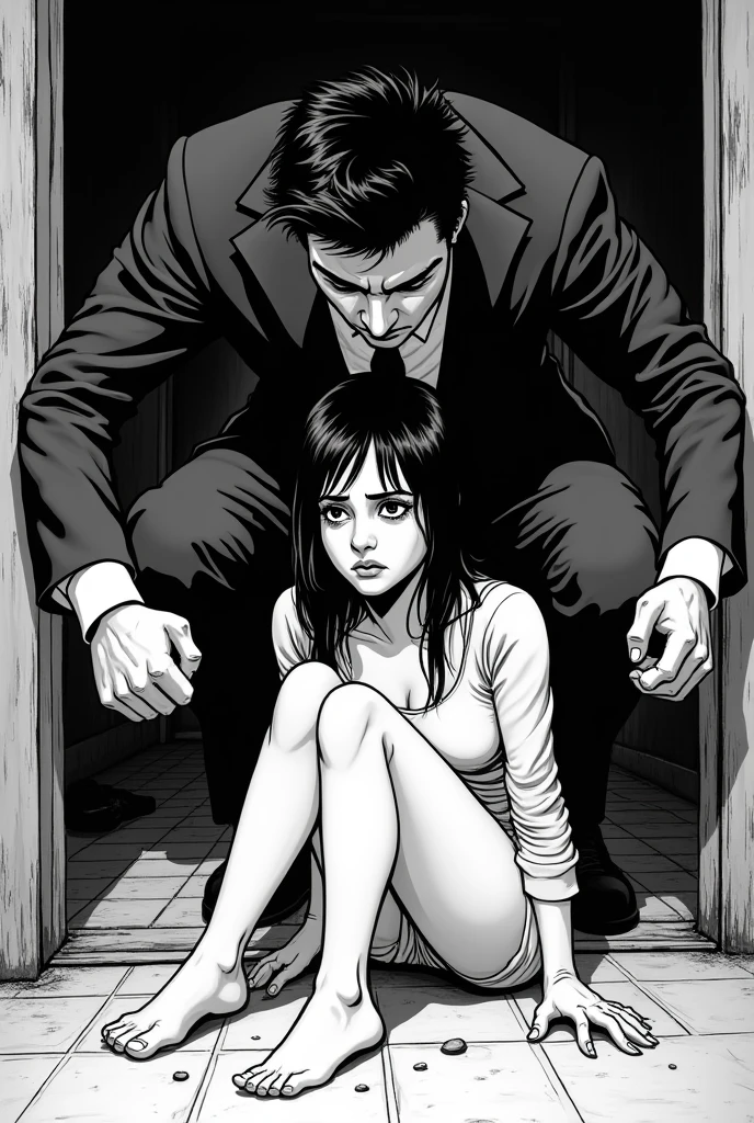 a black and white comic image of a woman terrified in her house as a monster looks through the window