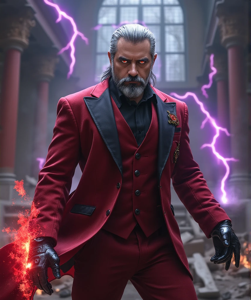  A hyperrealistic image of a man inspired by Rugal Bernstein from The King of Fighters ,  captured on a medium plane that highlights his imposing presence ,  elegance and aura of danger .  His face is severe and authoritative , with marked features: a strong jaw,  thick eyebrows arched in an expression of dominance and piercing red eyes that radiate terrifying power. Her silver hair,  perfectly combed back ,  shines in a faint light ,  accentuating his regal and fearful appearance .

 He wears his iconic dark red three-piece suit ,  modernized with textures detailed velvet and leather ,  adorned with black embroidery that symbolizes his power and control . The , slightly open,  reveals a tight black shirt and an elegant brooch on his neck . On his right arm,  your metallic glove shines with dark red energy ,  indicating the fearsome strength of Orochi that has absorbed .

 The background is a shattered throne room , with fallen pillars ,  fire and smoke enveloping the environment ,  while purple electrical rays cross the sky visible through broken windows .  Rugal stands in a dominant posture ,  his arm extended forward ,  emanating an aura of dark energy that begins to fracture the ground under his feet .  The dramatic lighting highlights each fold of his suit ,  the texture of his glove and the intensity of his gaze ,  capturing the essence of an absolute tyrant at the climax of his destructive power .