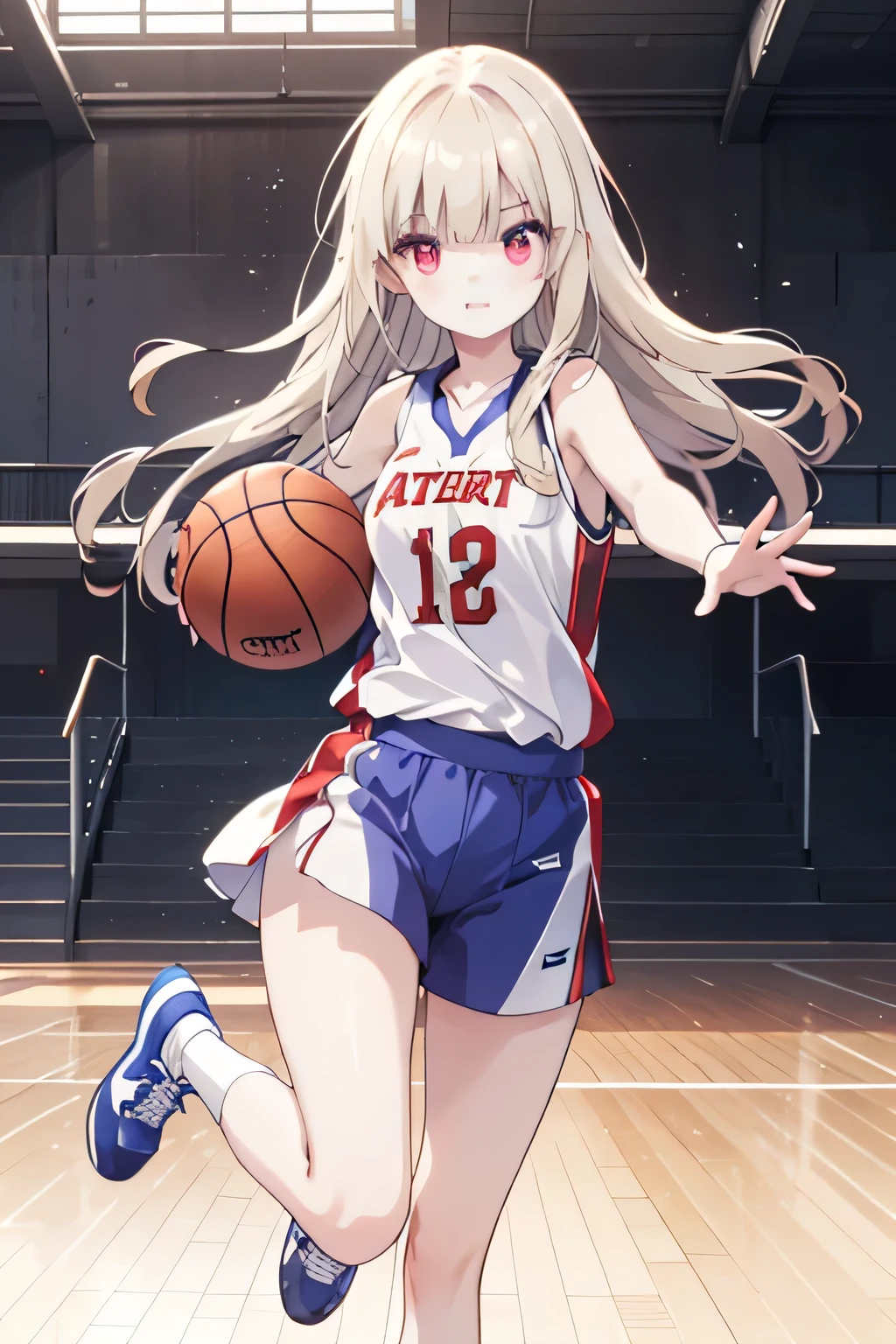 A young female basketball player performing a vivid jump shot. She holds the ball firmly in both hands, aiming for the goal with perfect form. Her slim basketball uniform accentuates her toned body, and black high socks add a stylish contrast. Her carefully braided blonde hair sways gently as she jumps, with red eyes expressing intense concentration. The polished wooden floor of the brightly lit gymnasium enhances the atmosphere, capturing the strength, elegance, and beauty of the sport.   long hair,  blonde hair , (red eyes:1.3), ( split bangs :1.5), smile, (masterpiece:1.2),  top quality,  high definition , unity 8k 壁紙, (Illustration:0.8), ( beautiful detailed eyes in atata:1.6), extremely detailed face,  perfect lighting  ,  Highly Detailed CG, (  perfect hand,  perfect anatomy).