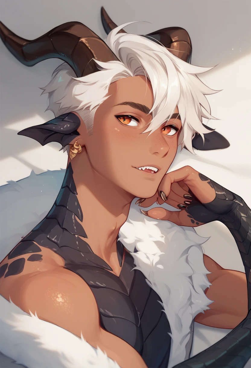  (tanned teen dragon axolotl boy with white hair and black scales, dragon horns). 