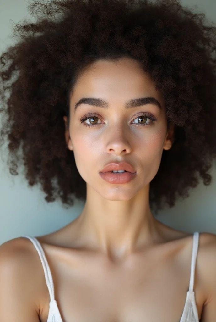 A 20-year-old European woman with alabaster-white skin, perfectly smooth and glowing under soft, diffused lighting. Her tall, athletic figure complements her angelic face, which features full lips, softly rounded cheeks, and a small beauty mark on her left cheek. She has almond-shaped brown eyes and voluminous natural big curly black hair framing her features. Highlight the porcelain tone of your skin with cool indoor lighting. Negative: tanned skin, dark complexion, black skin, warm lighting, external shadows. She has an athletic and toned physique with defined curves and hips, medium bust.