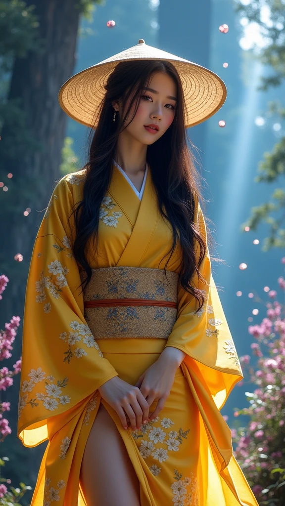 beautiful Japanese woman with big breasts in a revealing yellow kimono, autumn, on a black background, autumn yellow leaves are falling, wind,