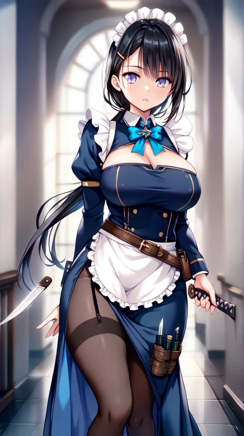  Masterpiece, One Assassin, Maid Chief ,　Short sword in hand :1.5 ,(( navy blue fabric accented with white fabric on the collar and hem, making it plain and less revealing:1.4)),(( tight long skirt with slits :1.4)), Long Sleeve ,White salon apron ,(( black garter belt and black knee-high tights:1.2)),Height: 170cm, beautiful body line ,Big Breasts,(( black hair, low ponytail:1.4)),, Beautiful, and Cool Faced Woman with Light Purple Eyes, beautiful model standing, viewed from oblique front,((leg knife holster visible through the slit:1.4))