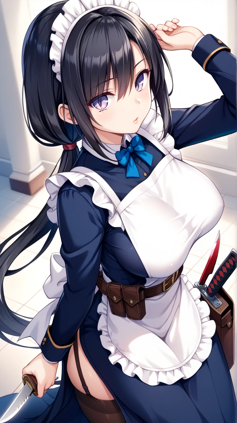  Masterpiece, One Assassin, Maid Chief ,　Short sword in hand :1.5 ,(( navy blue fabric accented with white fabric on the collar and hem, making it plain and less revealing:1.4)),(( tight long skirt with slits :1.4)), Long Sleeve ,White salon apron ,(( black garter belt and black knee-high tights:1.2)),Height: 170cm, beautiful body line ,Big Breasts,(( black hair, low ponytail:1.4)),, Beautiful, and Cool Faced Woman with Light Purple Eyes, beautiful model standing,View from above at an angle,((leg knife holster visible through the slit:1.4))