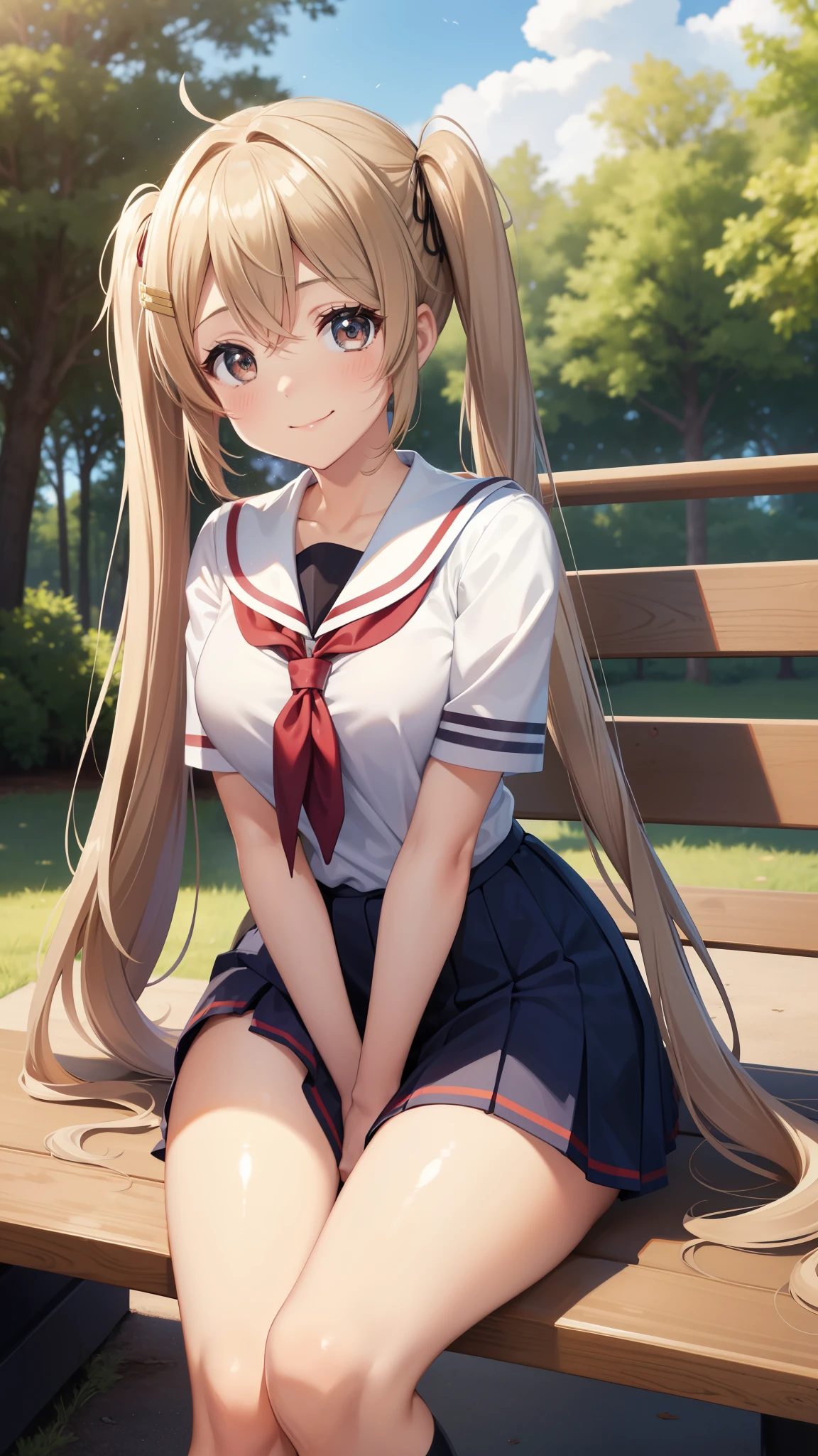 ,curvy,Shiny body, Shiny skin,twintail,school uniform, ,Shiny skin,,,twintail,hair clips,sitting on bench,forest,tree,,outdoor,blue sky,smile,.