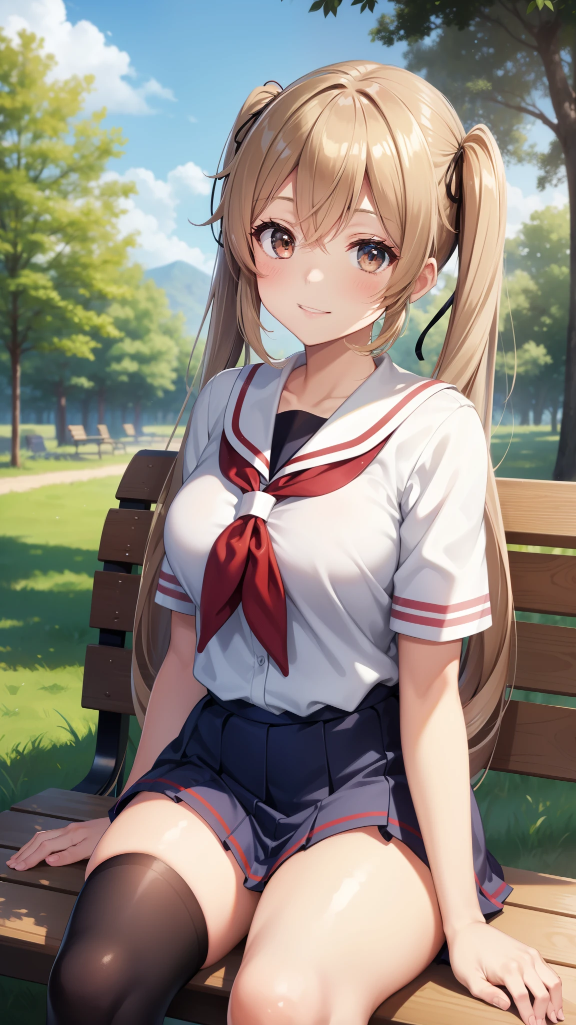 ,curvy,Shiny body, Shiny skin,twintail,school uniform, ,Shiny skin,,,twintail,hair clips,sitting on bench,forest,tree,,outdoor,blue sky,smile,.