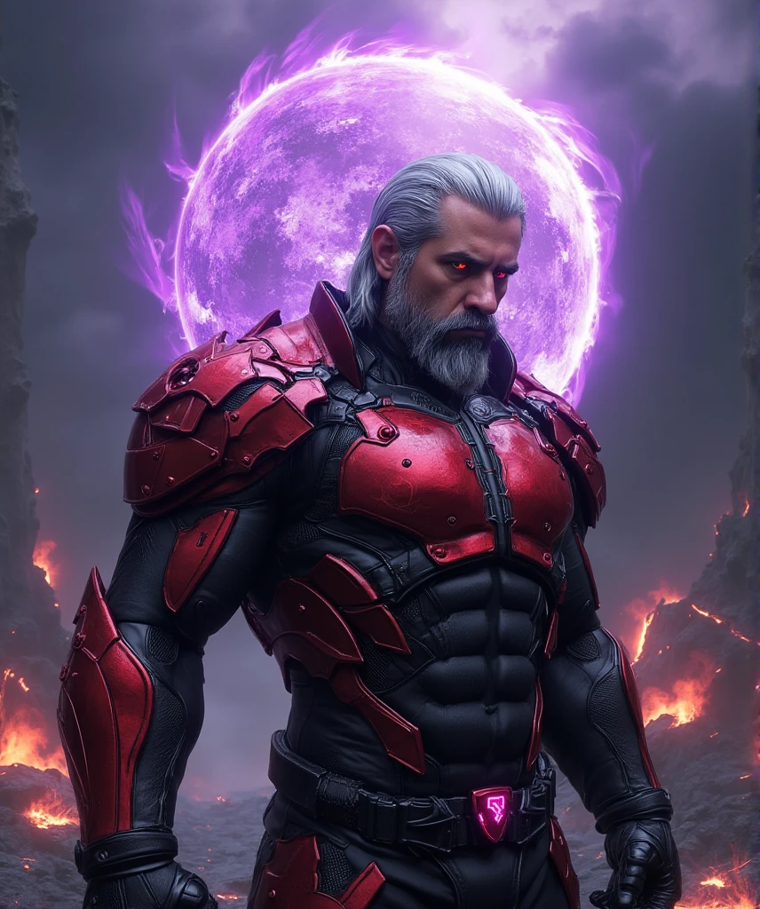  A hyperrealistic image of a man inspired by Omega Rugal from The King of Fighters ,  captured on a medium plane that emphasizes his imposing figure ,  his destructive aura and his transformation into a divine power .  His face is severe and almost inhuman , with a marked jaw,  bright red eyes that flash with malice ,  and an expression of absolute dominance .  His silver hair is perfectly combed back ,  with loose locks that seem to move with the energy that surrounds him ,  adding a supernatural touch .

 He wears a black combat suit with metallic details in red ,  with a brilliant texture that reflects the light of his dark energy .  His chest and shoulders are reinforced with stylized armor ,  while his right arm ,  completely mechanized and bathed in a crimson sheen ,  emits an aura of devastating energy .  x} On his back he unfurls a torn layer that floats as if it were alive ,  completing his appearance as a destructive emperor .

 The background is an apocalyptic abyss :  a platform floating above a dark void ,  crossed by purple rays and cracks in the ground that emit fiery lava .  Omega Rugal is in a pose of absolute supremacy ,  with an arm raised and his characteristic  "Gigantic Pressure "  manifesting as a sphere of black and purple energy that distorts the space around him.  The lighting highlights every detail of his armor ,  twinkle in his eyes and the devastation that surrounds him ,  capturing the essence of a being who has transcended humanity to an unimaginable power .