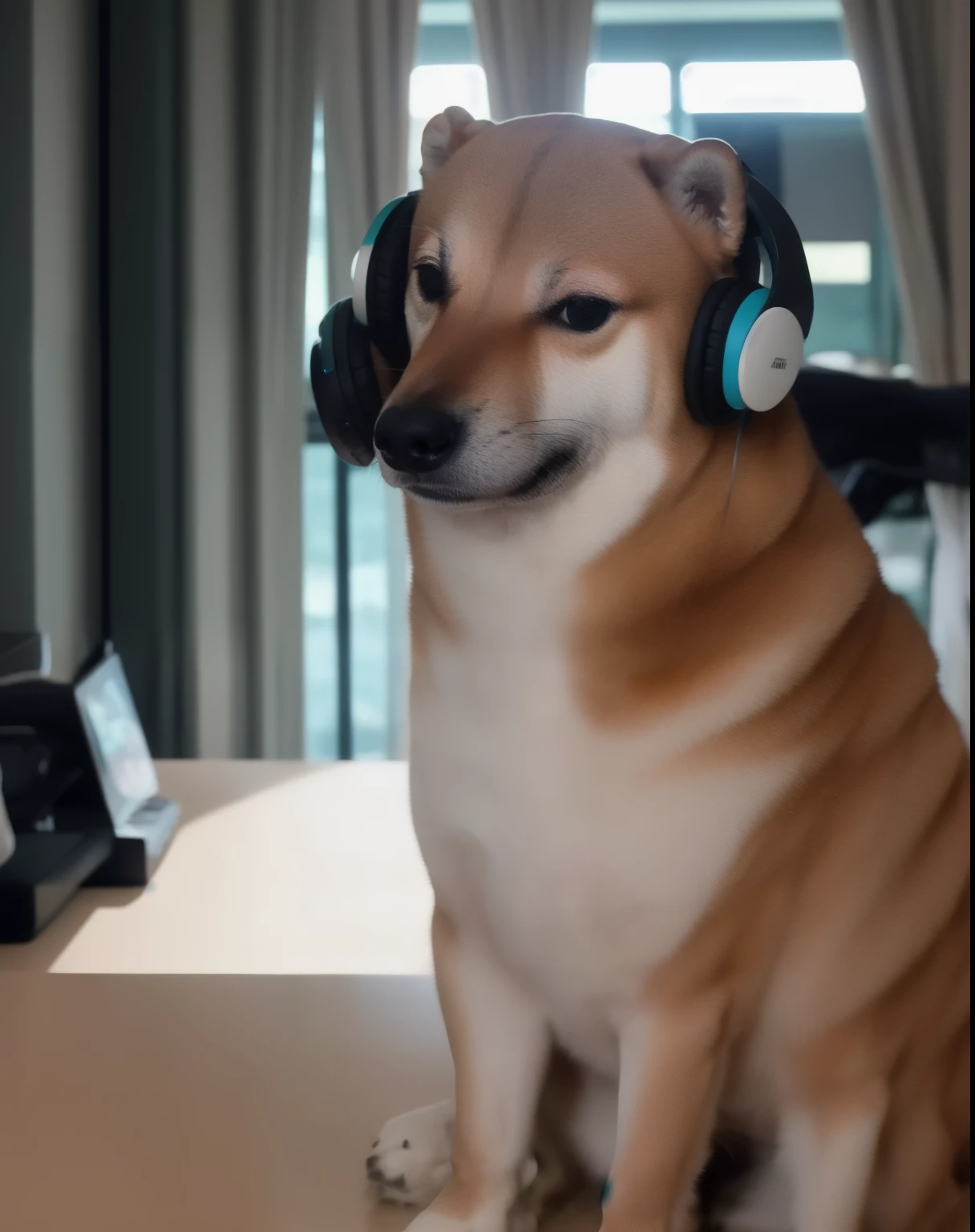 Fine art portrait of Cheems in a room wearing gamer headphones,  centered composition ,   Cinematic Lighting  