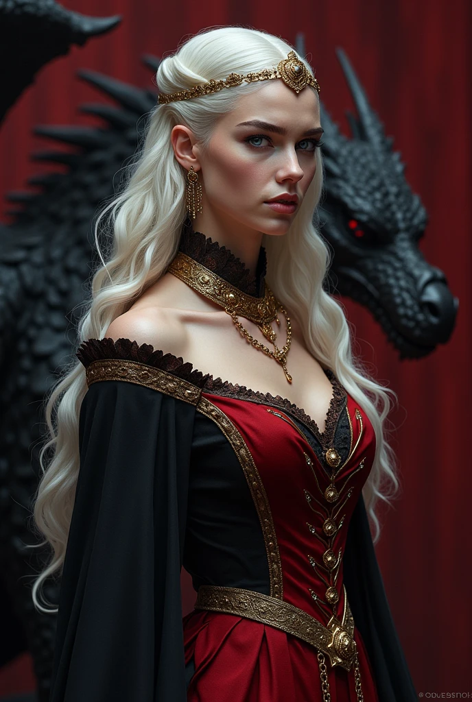 A beautiful ultra gorgeous European blonde woman, age 23. Cleavage.detailed facial features and expression, piercing blue eyes, lush lips, elegant jewelry, long flowing hair, ornate medieval dress, dramatic pose, deadly pet black and red dragon coiled at her feet, dark and ominous fantasy landscape, dramatic lighting, moody color palette, intricate details, cinematic composition, (best quality,4k,8k,highres,masterpiece:1.2),ultra-detailed,(realistic,photorealistic,photo-realistic:1.37),highly detailed portrait,dramatic fantasy,dark fantasy,gothic,dramatic lighting