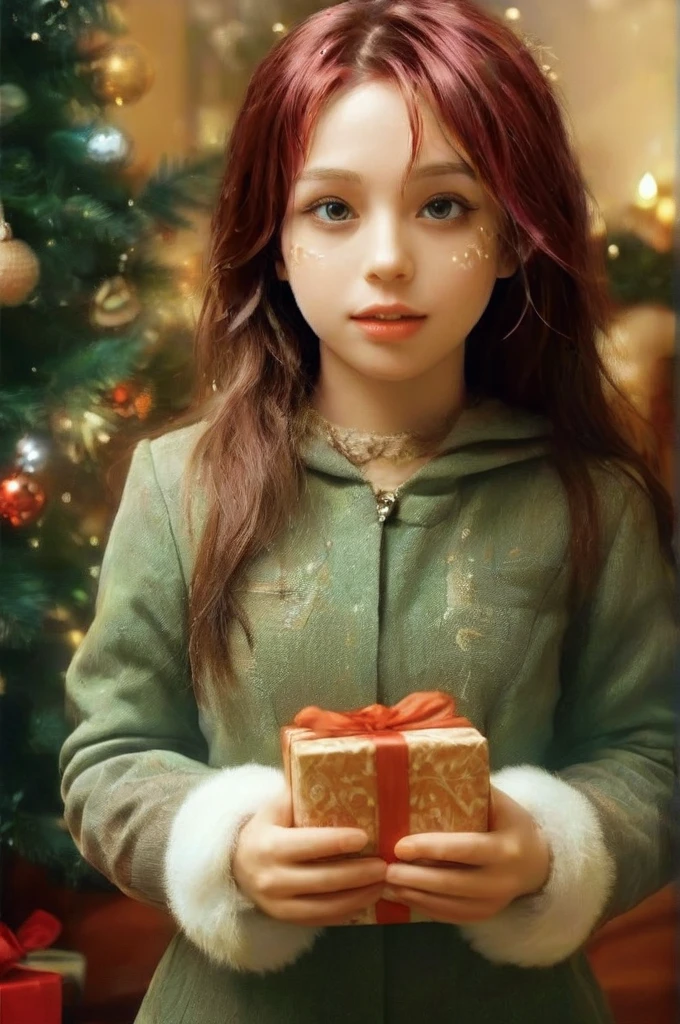 girl with Christmas gift, (by Casey Baugh), intricate, (masterpiece, Representative work, official art, Professional, unity 8k wallpaper:1.3)