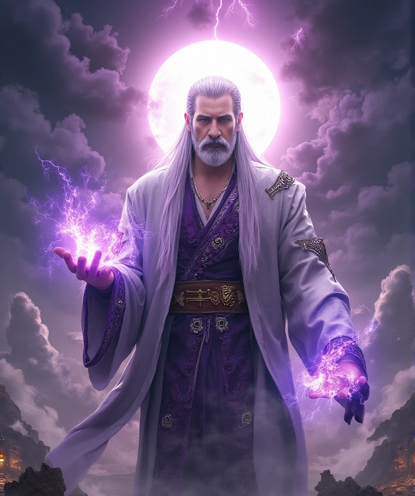  A hyperrealistic image of a man inspired by Orochi from The King of Fighters ,  captured on a medium plane that transmits his divine nature ,  their immense power and their apocalyptic connection with the universe .  His face is ethereal and superhuman ,  with angular and symmetrical features ,  completely white eyes that shine with a mystical light ,  and a cold expression that reflects indifference to humanity .  His long, snow-white hair floats softly around his face ,  energy as if suspended by an invisible force .

} She wears a ceremonial robe that combines shades of purple dark and silver ,  adorned with mystical patterns and ancient symbols that represent his status as the personification of Orochi. The tunic flows down ,  merging with the environment as if it were part of the energy itself .  His skin seems almost translucent ,  radiating a faint golden glow that emphasizes his divinity .

 The background is a cosmic and surreal landscape :  a land crumbling into floating pieces ,  surrounded by swirls of purple and gold . in the sky,  an eclipse envelops everything in an ominous aura ,  with dark lightning that crosses the horizon .  Orochi is at the center of this chaos ,  with one hand extended forward ,  emanating a sphere of brilliant energy that distorts the space around him .  The lighting is heavenly and dramatic , , highlighting the unreal texture of his skin and the majesty of his figure ,  capturing the essence of a being that transcends time ,  humanity and destruction .