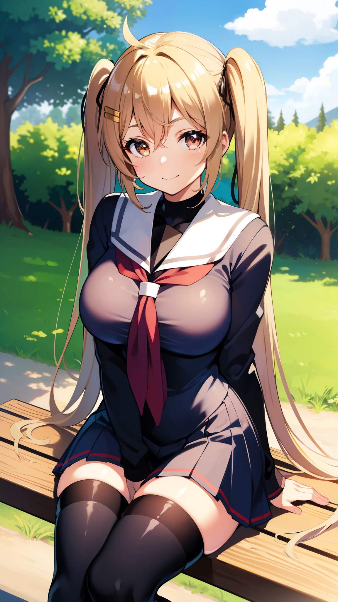 ,curvy,Shiny body, Shiny skin,twintail,school uniform, ,Shiny skin,,,twintail,hair clips,sitting on bench,forest,tree,,outdoor,blue sky,smile,.black thighhigh