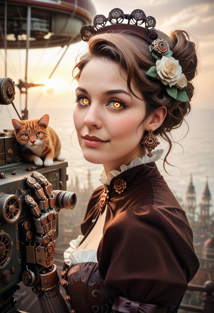 a cute kitten, steampunk world, detailed mechanical gears, brass and copper textures, Victorian era inspired, warm lighting, glowing eyes, intricate mechanical limbs, whimsical airship in background, beautiful detailed eyes, beautiful detailed fur, extremely detailed face, longeyelashes, (best quality,4k,8k,highres,masterpiece:1.2),ultra-detailed,(realistic,photorealistic,photo-realistic:1.37)