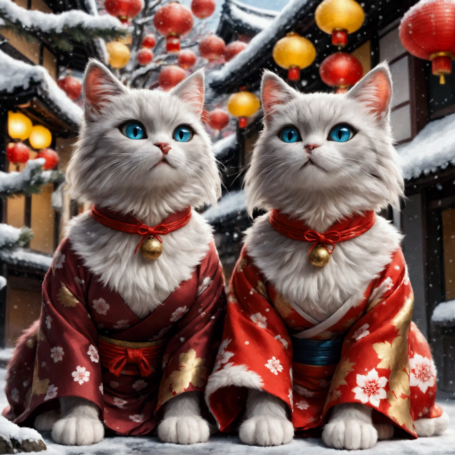  high definition , masterpiece, accurate,  top quality, correct fingers, correct anatomy, 1cat, silver cat, preparing for New Year, wearing dark colored japanese kimono costume, ready for New Year, getting rid of X’mas tree, snowing town, 