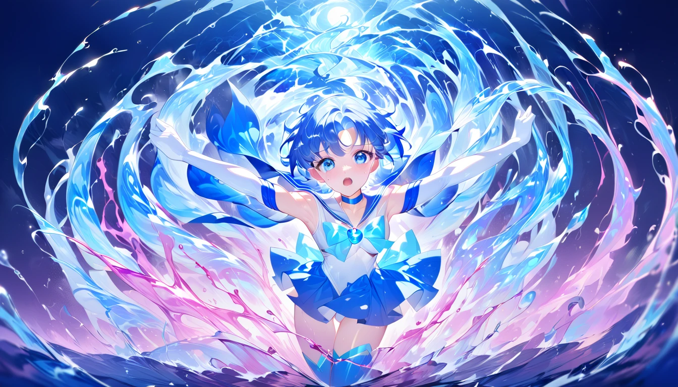 girl masterpiece, best quality, high resolution, best detailed, blue hair, shiny hair, short hair, sailor senshi uniform, blue sailor collar, blue skirt, pleated skirt, mini skirt, elbow gloves, white gloves, white leotard, choker, blue choker, blue long boots, light blue chest ribbon, blue brooch, fighting stance, night sky, full moon, despair, many tentacles, water element,