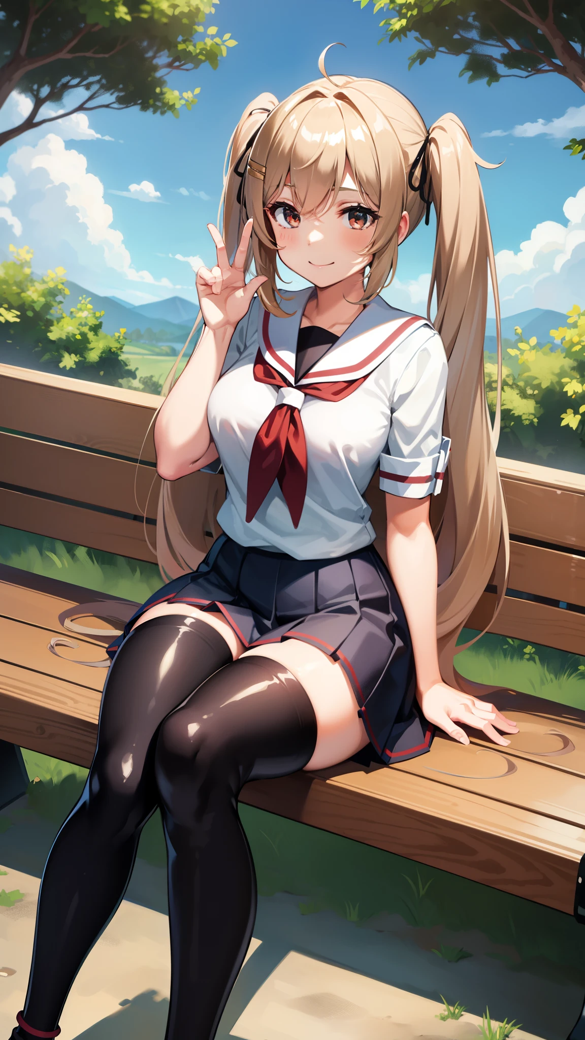 ,curvy,Shiny body, Shiny skin,twintail,school uniform, ,Shiny skin,,,twintail,hair clips,sitting on bench,forest,tree,,outdoor,blue sky,smile,.black thighhigh,.hand up,greeting