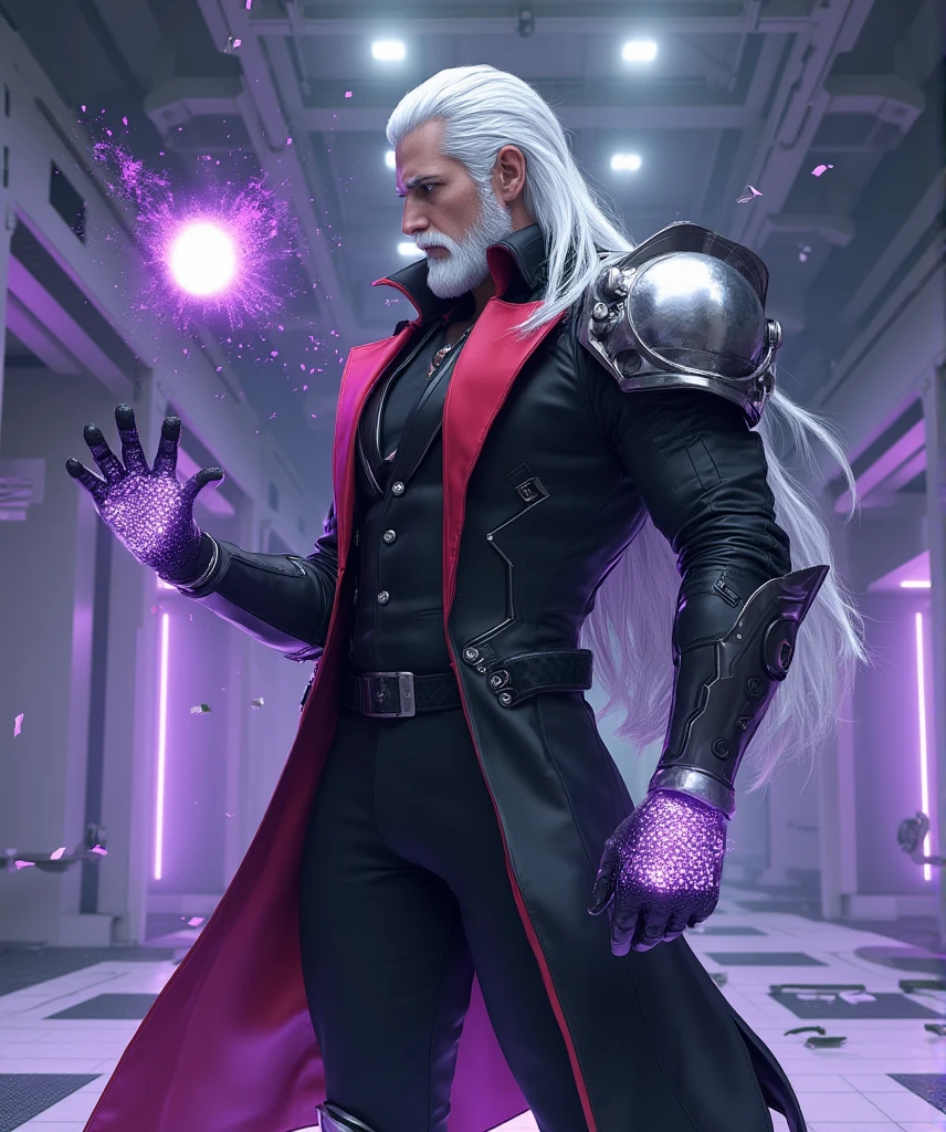  A hyperrealistic image of a man inspired by Zero from The King of Fighters ,  captured on a medium plane that reflects his calculating coldness ,  his lethal precision and his connection with the advanced technology of NESTS .  His face is sharp and enigmatic ,  with a calm expression but full of authority ,  sus dark eyes filled with an unsettling calm that hides a devastating power . Her white hair,  long and perfectly combed back ,  falls with a fluidity that reinforces his impeccable and cold appearance .

 He wears his iconic modernized combat uniform :  a long black jacket with crimson edges that flows like a layer , fitted to your athletic figure and decorated with metallic lines that suggest an integration of advanced technology.  His shoulders are protected by shiny plates that emanate a faint glow ,  and wearing reinforced gloves that glow with purple energy ,  ready to unleash his characteristic attack  "black hole."

 The background is a futuristic laboratory immersed in chaos :  fractured columns ,  destabilized holograms and a purple energy that flows from the floor and walls ,  deforming the space around him .  Zero is in an imposing pose ,  with one arm extended slightly raised ,  while a dark sphere ,  surrounded by fragments of energy , floating above his hand .  The lighting accentuates his figure ,  with cold tones and purple reflections that enhance the details of his suit ,  capturing the essence of a calculating and mortal strategist ,  that dominates chaos with elegance and absolute power .