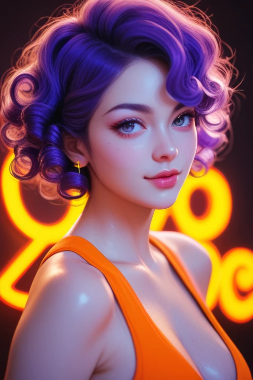  The girl's anime hair is curly and shiny, COLOR PURPLE NEON ORANGE NEON 