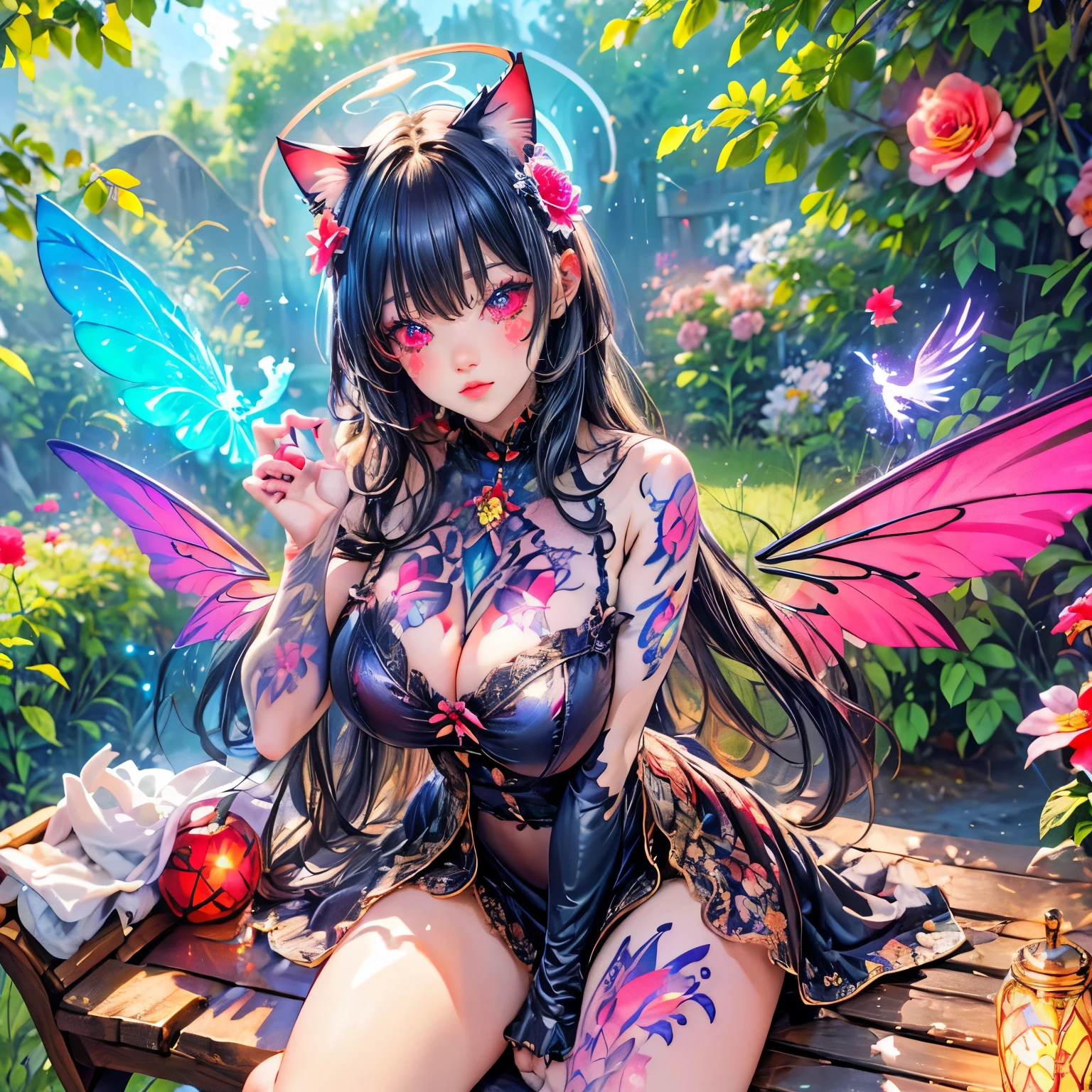 ( best quality ,4k,8K,highres,masterpiece:1.2), seen from above, Dutch angle , a beautiful gothic angel sitting on a bench, fairy, perfect body , (( huge breasts)), (glowing wings aura ,touch, floral tattoo ,, cute flower tattoos , bright halo:1.3), alas, (nipples:.3), simple lines, anime style , junkotvv black long hair , cat ears, red eyes, straight bangs