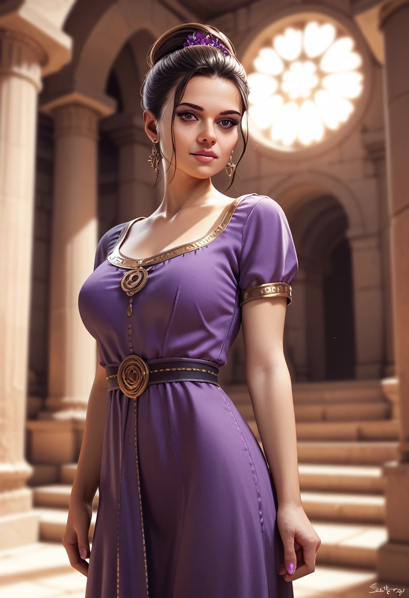 olvmnnpsy woman, purple tunic in Greek ruins, masterpiece, dramatic lighting, detailed background, (depth of field), Selena Gomez