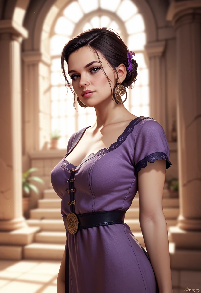 olvmnnpsy woman, purple tunic in Greek ruins, masterpiece, dramatic lighting, detailed background, (depth of field), Selena Gomez