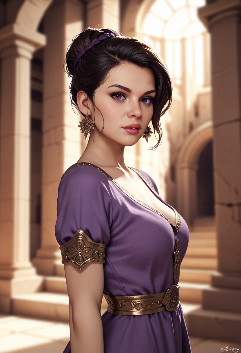 olvmnnpsy woman, purple tunic in Greek ruins, masterpiece, dramatic lighting, detailed background, (depth of field), Selena Gomez