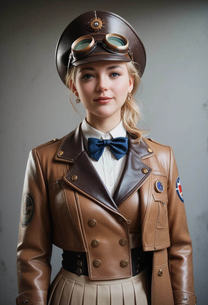 score_9, score_8_up, score_7_up, score_6_up, photo, realism, photorealistic, Industrial steampunk mechanic girl, perfectly detailed face, (hat:0.8), goggles, steampunk beige leather double breasted jacket, beige tweed fabric pleated skirt, (leather laced boots:0.8), intricately detailed brass accessories. Masterpiece, illustrated, highly detailed, industrial background, retro-futuristic,