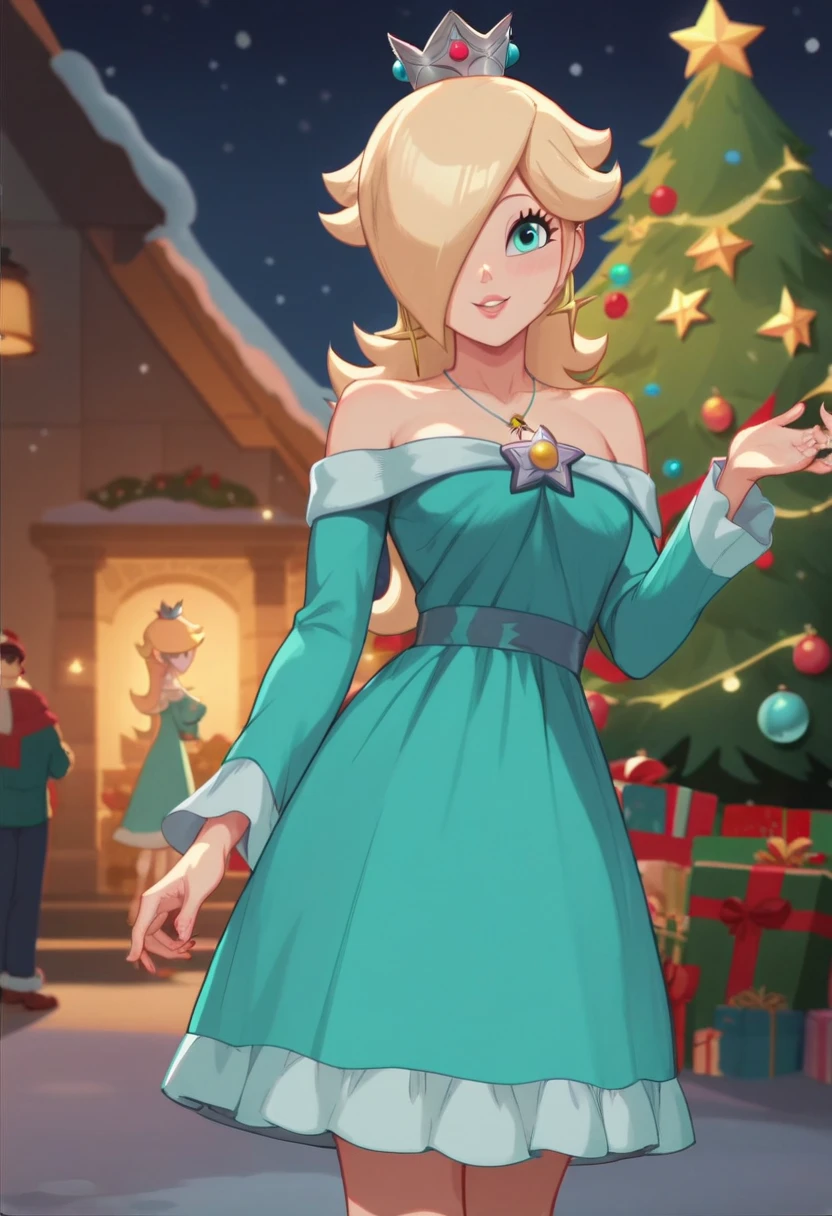 score_9,score_8,score_7,score_8_up,score_7_up,score_6_up, source_anime, anime screencap, Princess Rosalina, Christmas cyan dress, winter night, Christmas tree, smile