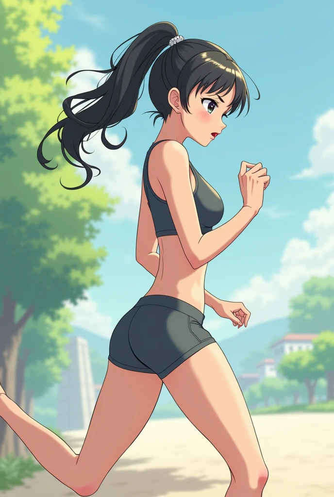 masterpiece,best quality,highres,ultra-detailed,aashizue,grey eyes,long hair,<lora:izawa_shizue:0.8>,sports bra,(leggings:1.2),outdoors,cherry blossoms,smile,sweat,running,ponytail,