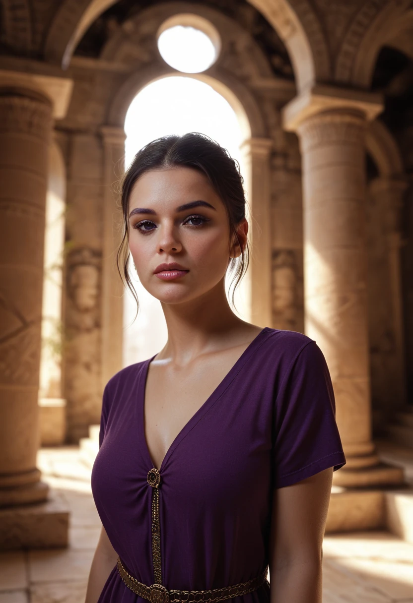 olvmnnpsy woman, purple tunic in Greek ruins, masterpiece, dramatic lighting, detailed background, (depth of field), Selena Gomez