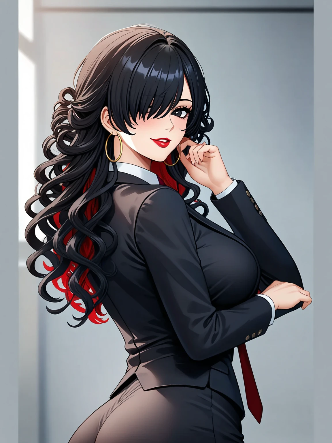 (character portrait), (((one piece))), business pants suit, (black office suits), red necktie, a beautiful woman, very tall woman with great style, female mafia-boss, perfect big breasts, perfect big breasts, plump ass, slender body, (((1girl))), (((solo))), long curly hair, black hair, black pupils, hair over one eye, perfect hands, perfect face, perfect eyes, perfect body, perfect legs, red lips, beautiful legs, (white plain background), hair over one eye, black hair, hoop earrings, ,suit, pants, necktie, onepiecestyle,black eyes, black hair, hoop earrings, smile