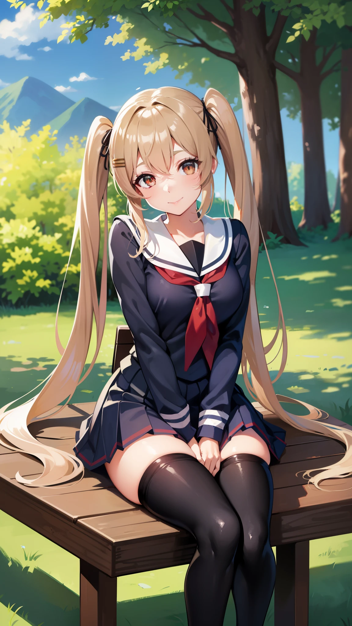 ,curvy,Shiny body, Shiny skin,twintail,school uniform, ,Shiny skin,,,twintail,hair clips,sitting on bench,forest,tree,,outdoor,blue sky,smile,.black thighhigh,.hands down