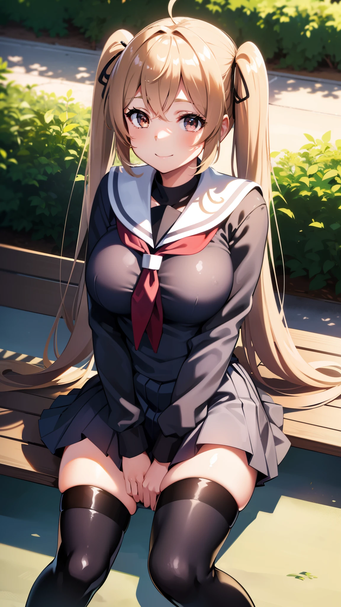 ,curvy,Shiny body, Shiny skin,twintail,school uniform, ,Shiny skin,,,twintail,hair clips,sitting on bench,forest,tree,,outdoor,blue sky,smile,.black thighhigh,.hands down