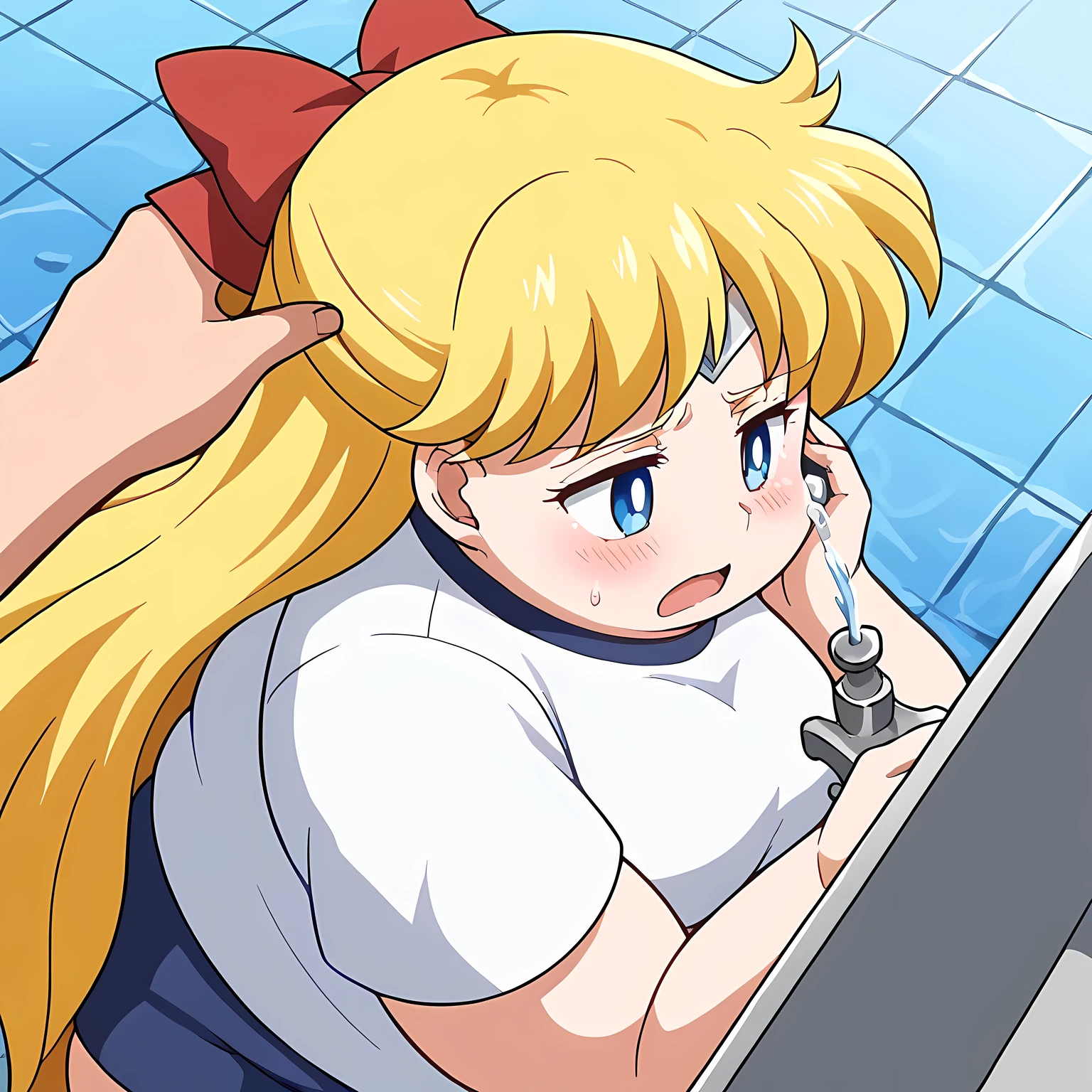 score_9, score_8_up, score_7_up, source_anime, minako aino, blonde hair, blue eyes, bow, hair bow, half updo, long hair, red bow, tiara,, drinking fountain, faucet, drinking, fountain, water, water drop,, gym uniform, gym shirt, gym shorts, bent, leaning forward, tucking hair, adjusting hair, hand on own hair, hair behind ear,, cowboy shot, swollen face, fat, chubby, obese, open mouth, out of breath, absurdres, highres icon, rating:General, confused, blush, {flustered}, nervous sweating, portrait, pov hands, hand on another's cheek, averting eyes, [looking away], straight-on, from above,  upper body, masterpiece, best quality, ultra-detailed, high resolution, 8K, 