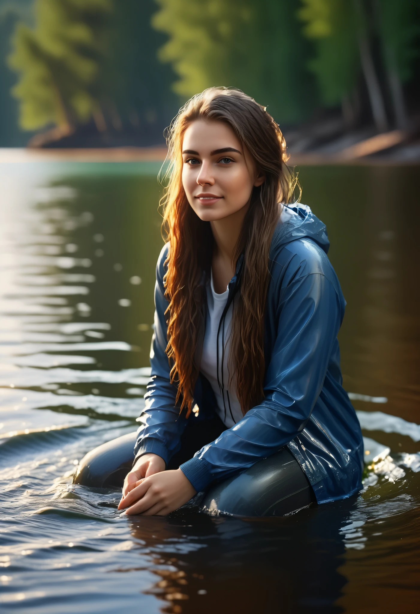 a beautiful 20 yo girl sitting on the water, long flowing hair, serene expression, soaking wet, wet clothing, wet hair, soft light, calm lake, (best quality,4k,8k,highres,masterpiece:1.2),ultra-detailed,(realistic,photorealistic,photo-realistic:1.37),HDR,UHD,studio lighting,ultra-fine painting,sharp focus,physically-based rendering,extreme detail description,professional,vivid colors,bokeh,portrait,cinematic lighting,natural scenery,soft focus