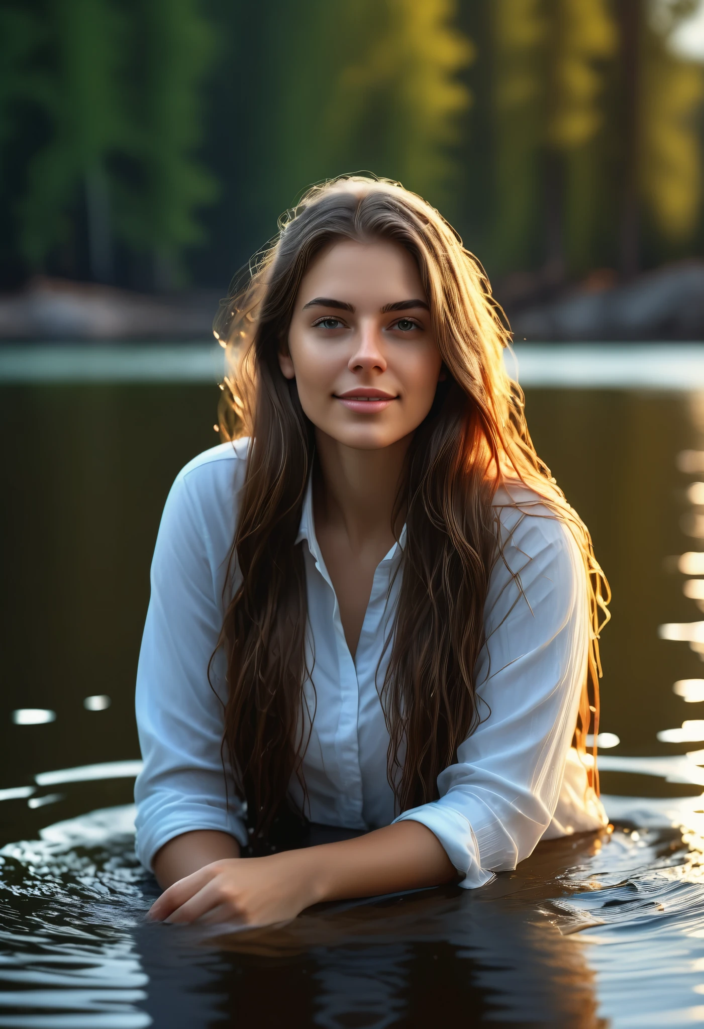 a beautiful 20 yo girl sitting on the water, long flowing hair, serene expression, soaking wet, wet clothing, wet hair, soft light, calm lake, (best quality,4k,8k,highres,masterpiece:1.2),ultra-detailed,(realistic,photorealistic,photo-realistic:1.37),HDR,UHD,studio lighting,ultra-fine painting,sharp focus,physically-based rendering,extreme detail description,professional,vivid colors,bokeh,portrait,cinematic lighting,natural scenery,soft focus