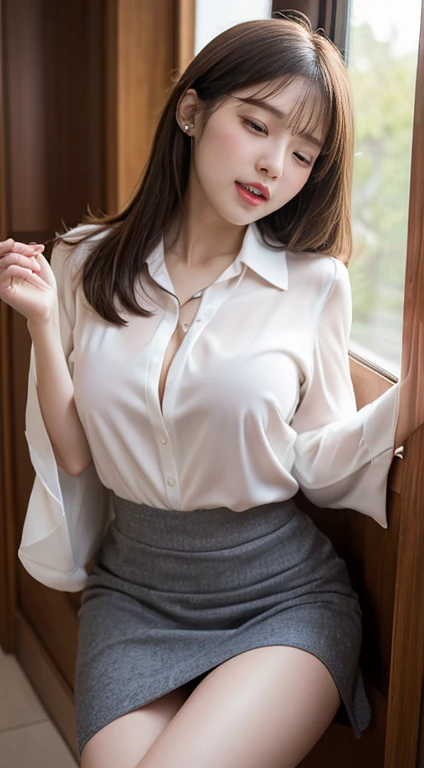  top quality, masterpiece ,Actual Photos、( Female Masturbating :1.3)、 nudes、( eyes closed :1.1)、 opening the mouth、Spreading her legs、 buttocks、 orgasm、blouse、 skirt