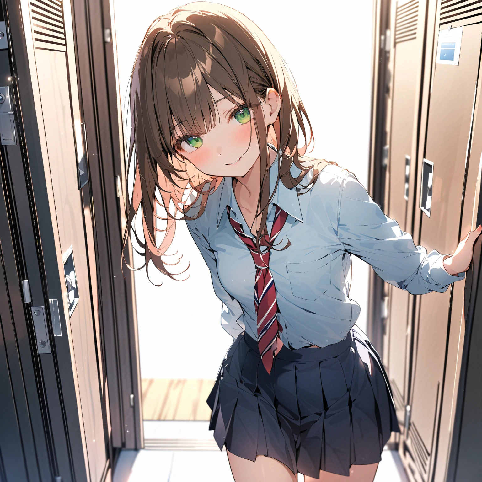 高いquality illustration, masterpiece,  very delicate and beautiful, Attractive  girl,big , slim waist,( school uniform),thin, slender body, slim,   beautiful eyes ,thin微笑み,,(masterpiece,  top quality:1.2), high res,  very detailed CG ユニティ 8k 壁紙,   perfect lighting  ,  colorful ,  super high resolution,4K, very detailed,   unvolume on , 8k, high resolution, ,  nsfw,  girl, locker room, Take off,  pull down panties ,  skirt, Komazaki Rie 
, brown hair 
, green eyes
,Butchoukami 