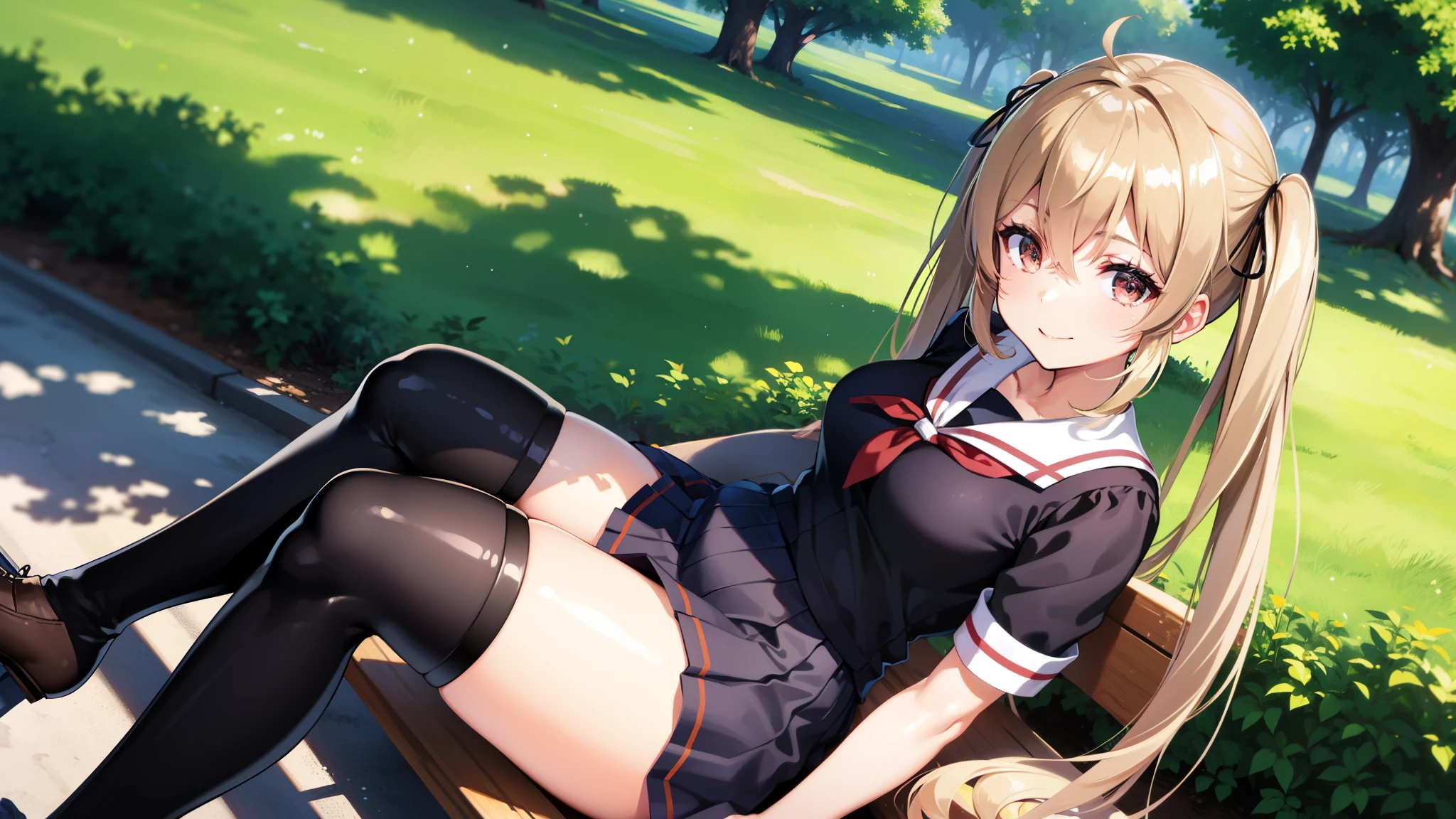 ,curvy,Shiny body, Shiny skin,school uniform, ,Shiny skin,,,twintail,hair clips,sitting on bench,forest,tree,,outdoor,blue sky,smile,.black thighhigh,greeting