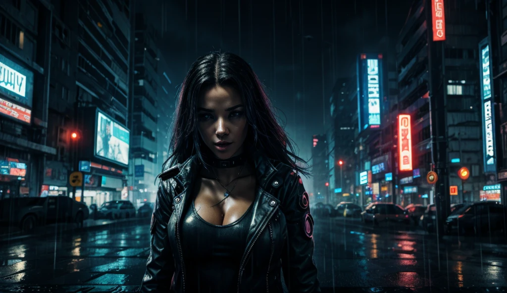 Sexy Cyberpunk girl in dystopian Cybeperunk city raining at night
